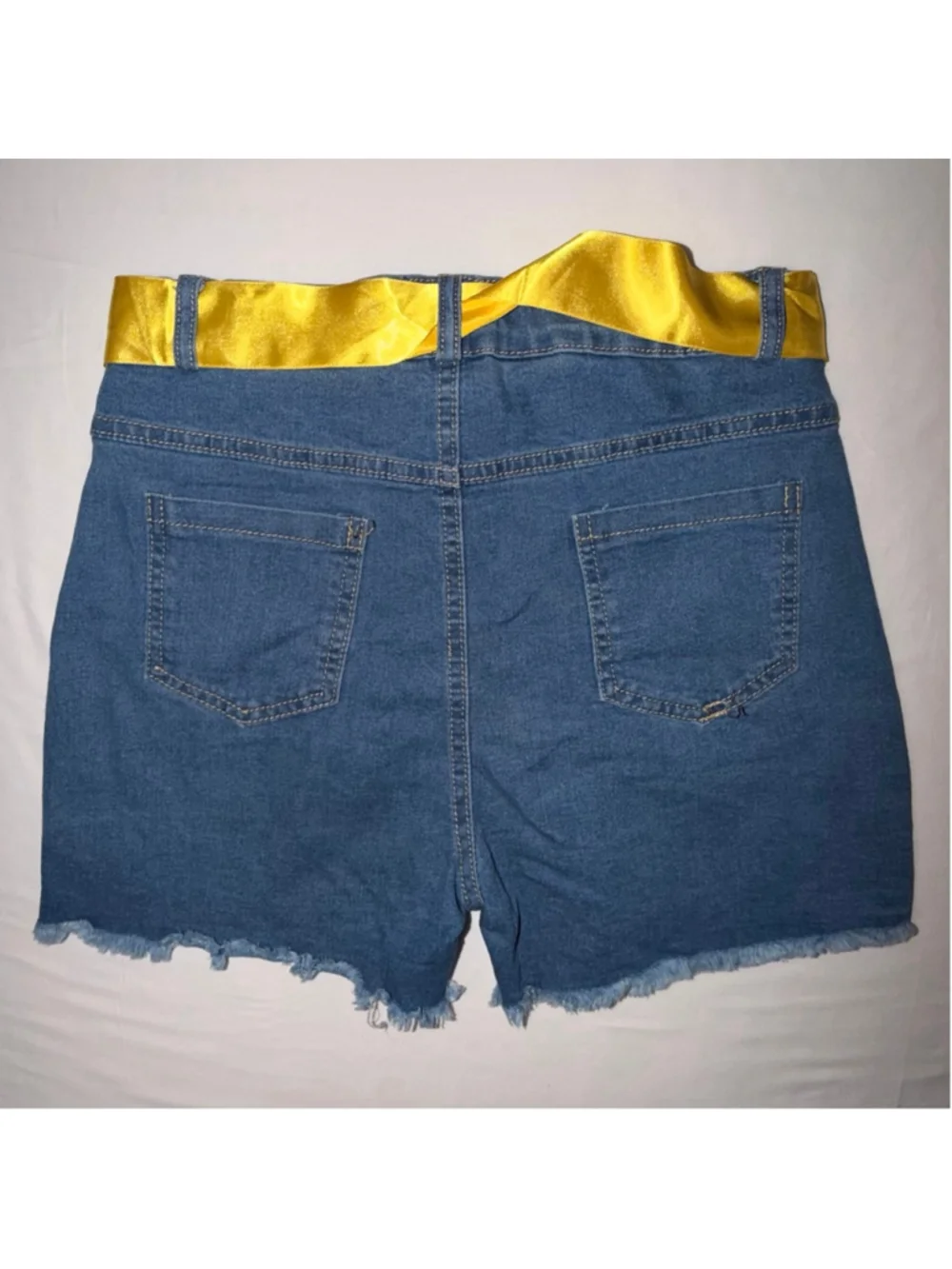 Girls L Distressed Sequin Denim Shorts Yellow Ribbon Belt Adjustable Waist Bling